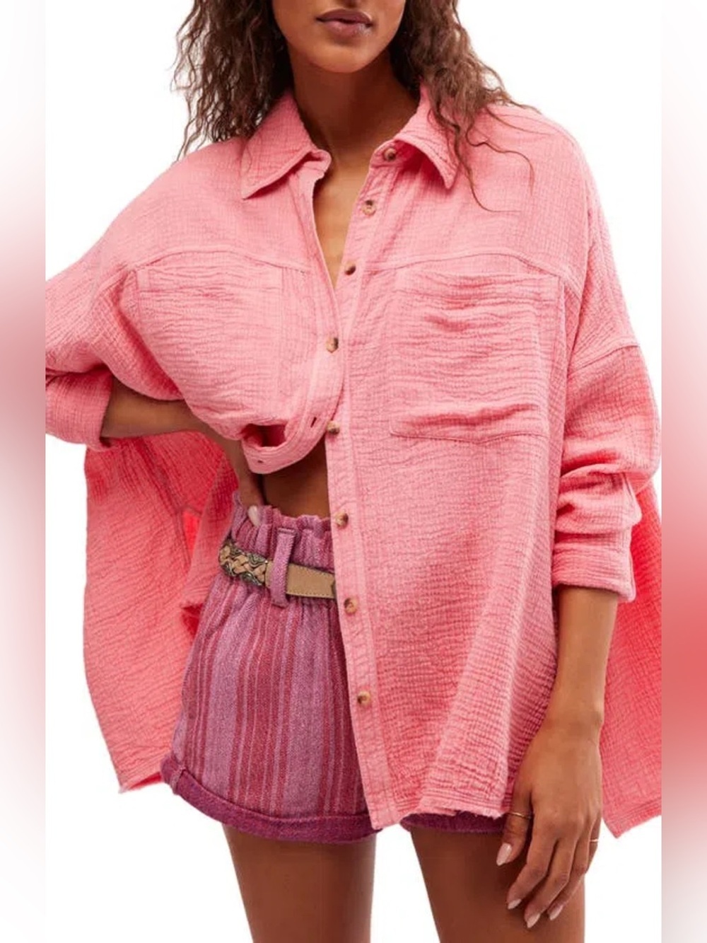 Free People Cardiff Cotton Gauze Button-up Shirt In Pinky Promise